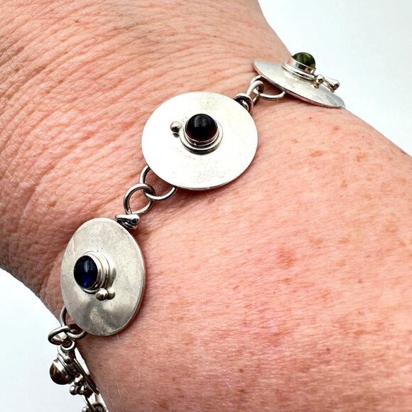 Sterling Silver Womens Bracelet Hallmarked Mid Century Multigemstone Multicolor - Picture 3 of 3